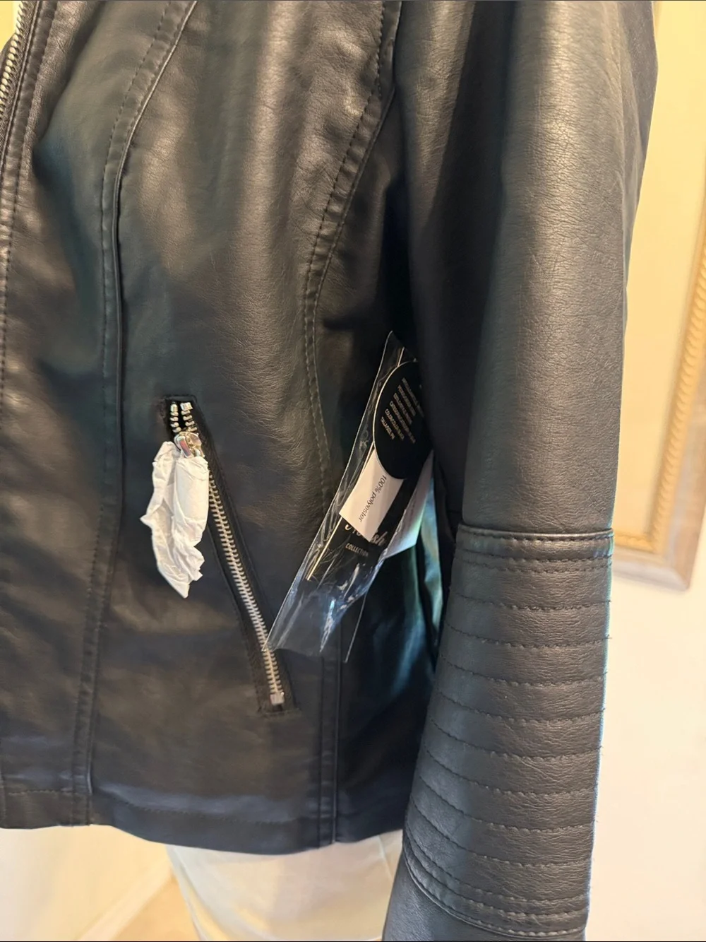 NWT Novish Collection Black Faux Leather Zip Jacket with Hoodie Layer Size MP